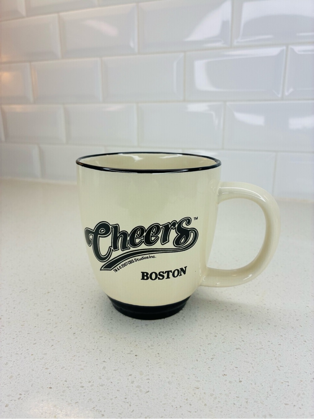 Vintage Cheers Boston Ceramic Coffee Mug Cup Black Rim White